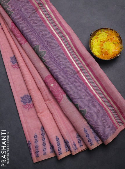 Semi jute silk saree pastel pink and wine shade with thread woven floral buttas and floral design weaving pallu