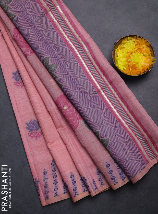 Semi jute silk saree pastel pink and wine shade with thread woven floral buttas and floral design weaving pallu