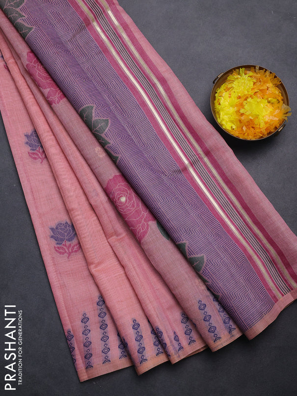 Semi jute silk saree pastel pink and wine shade with thread woven floral buttas and floral design weaving pallu