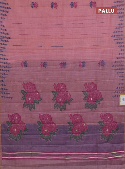 Semi jute silk saree pastel pink and wine shade with thread woven floral buttas and floral design weaving pallu