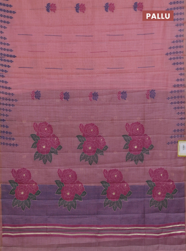 Semi jute silk saree pastel pink and wine shade with thread woven floral buttas and floral design weaving pallu