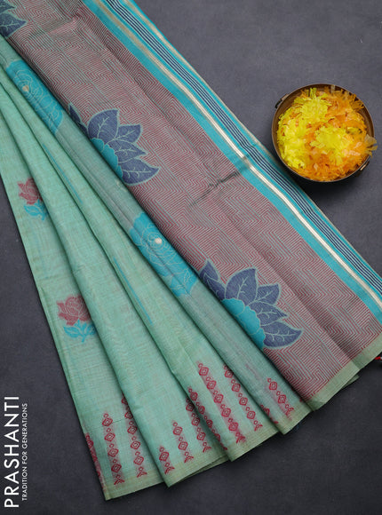 Semi jute silk saree teal green and green with thread woven floral buttas and floral design weaving pallu