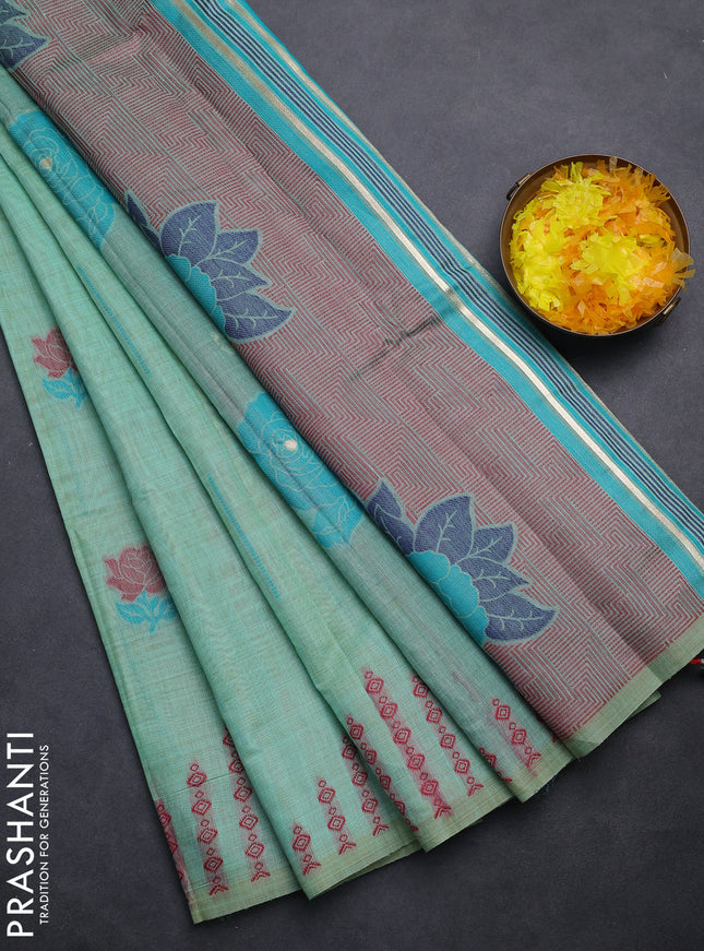 Semi jute silk saree teal green and green with thread woven floral buttas and floral design weaving pallu