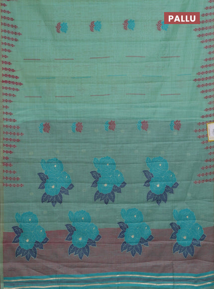 Semi jute silk saree teal green and green with thread woven floral buttas and floral design weaving pallu
