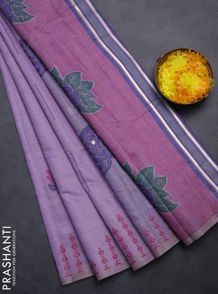Semi jute silk saree lavender and navy blue with thread woven floral buttas and floral design weaving pallu
