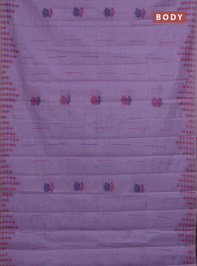 Semi jute silk saree lavender and navy blue with thread woven floral buttas and floral design weaving pallu