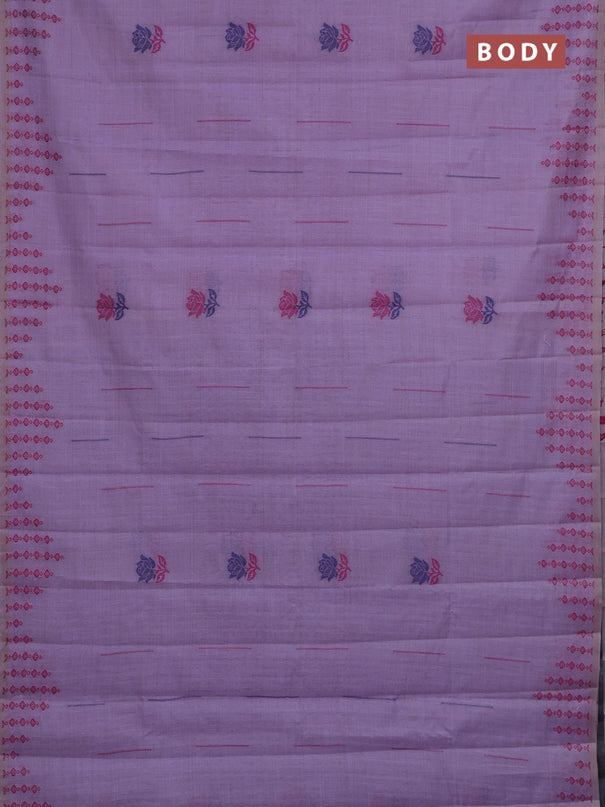 Semi jute silk saree lavender and navy blue with thread woven floral buttas and floral design weaving pallu
