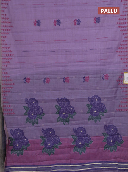 Semi jute silk saree lavender and navy blue with thread woven floral buttas and floral design weaving pallu