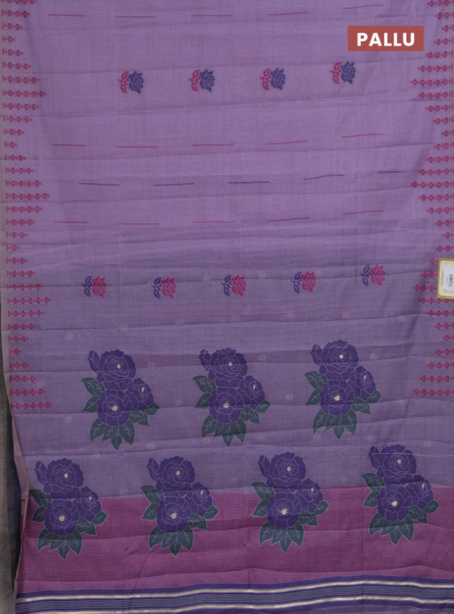 Semi jute silk saree lavender and navy blue with thread woven floral buttas and floral design weaving pallu