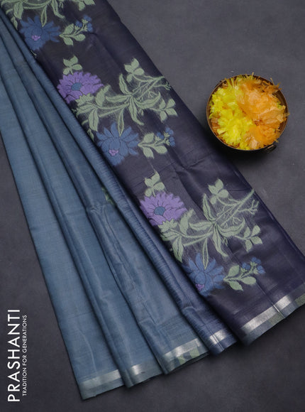 Semi jute silk saree bluish grey and navy blue with thread woven floral buttas and floral design weaving pallu