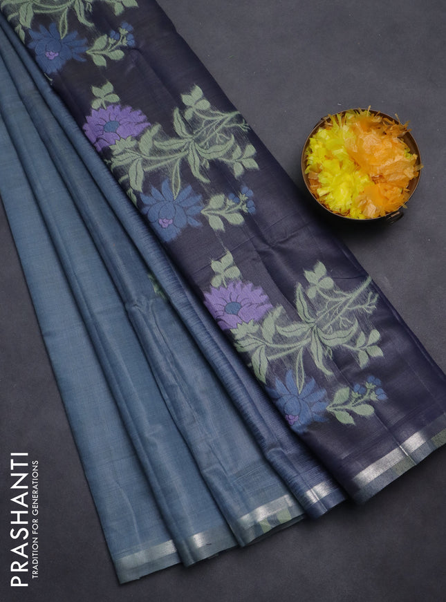 Semi jute silk saree bluish grey and navy blue with thread woven floral buttas and floral design weaving pallu