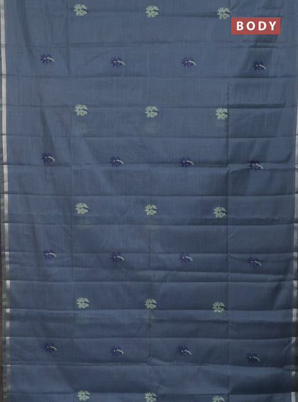 Semi jute silk saree bluish grey and navy blue with thread woven floral buttas and floral design weaving pallu