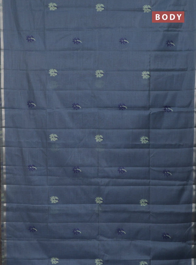 Semi jute silk saree bluish grey and navy blue with thread woven floral buttas and floral design weaving pallu