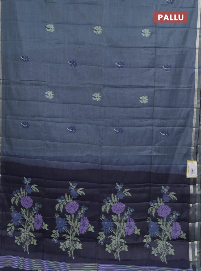 Semi jute silk saree bluish grey and navy blue with thread woven floral buttas and floral design weaving pallu