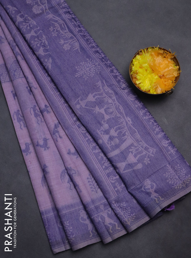 Semi jute silk saree lavender and violet with warli thread woven buttas and warli design weaving pallu