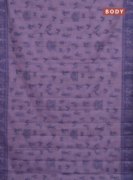 Semi jute silk saree lavender and violet with warli thread woven buttas and warli design weaving pallu