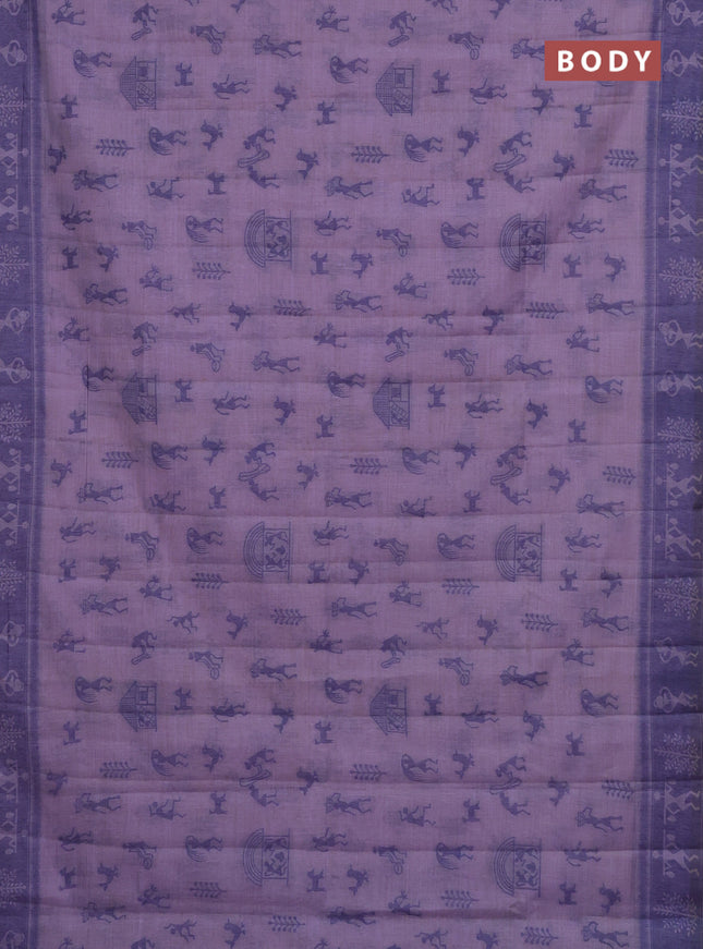 Semi jute silk saree lavender and violet with warli thread woven buttas and warli design weaving pallu