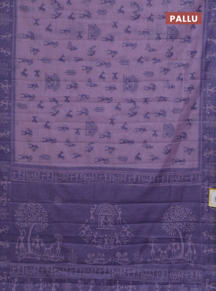 Semi jute silk saree lavender and violet with warli thread woven buttas and warli design weaving pallu