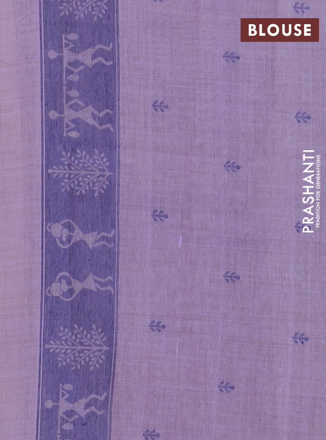 Semi jute silk saree lavender and violet with warli thread woven buttas and warli design weaving pallu