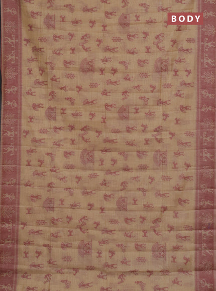 Semi jute silk saree sandal and maroon with warli thread woven buttas and warli design weaving pallu