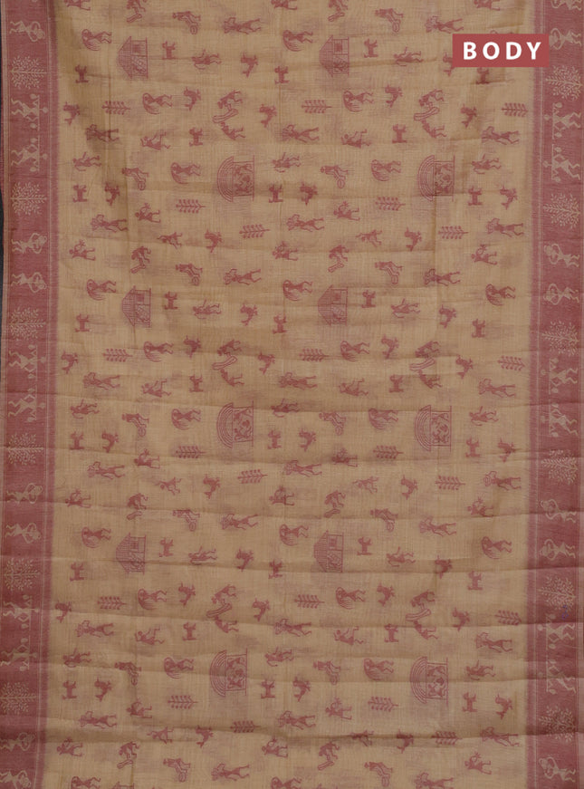 Semi jute silk saree sandal and maroon with warli thread woven buttas and warli design weaving pallu