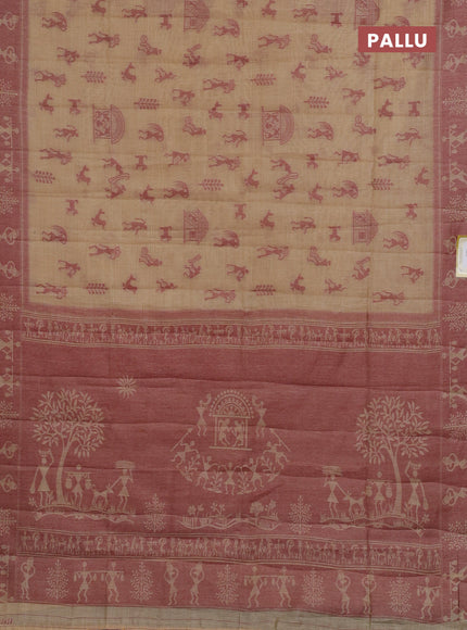 Semi jute silk saree sandal and maroon with warli thread woven buttas and warli design weaving pallu