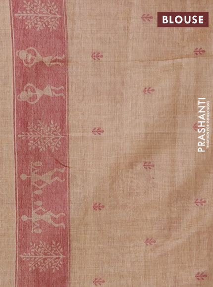 Semi jute silk saree sandal and maroon with warli thread woven buttas and warli design weaving pallu