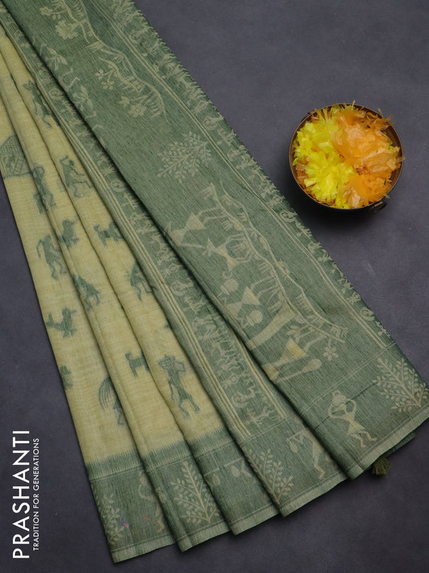 Semi jute silk saree pista green and green with warli thread woven buttas and warli design weaving pallu