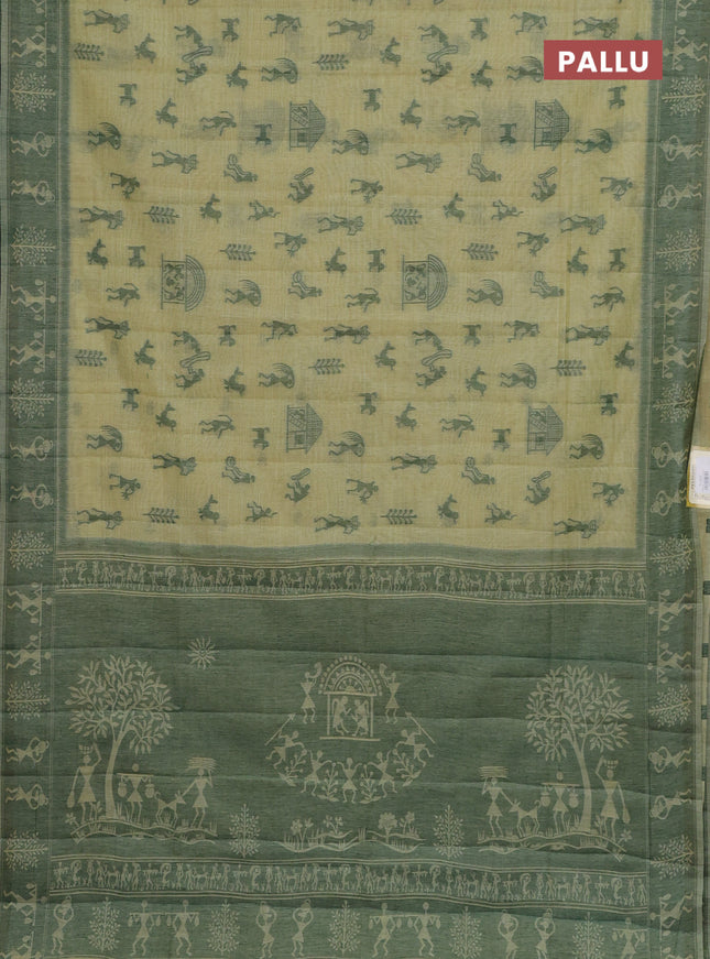 Semi jute silk saree pista green and green with warli thread woven buttas and warli design weaving pallu