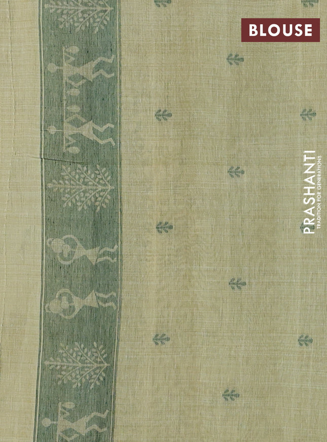 Semi jute silk saree pista green and green with warli thread woven buttas and warli design weaving pallu