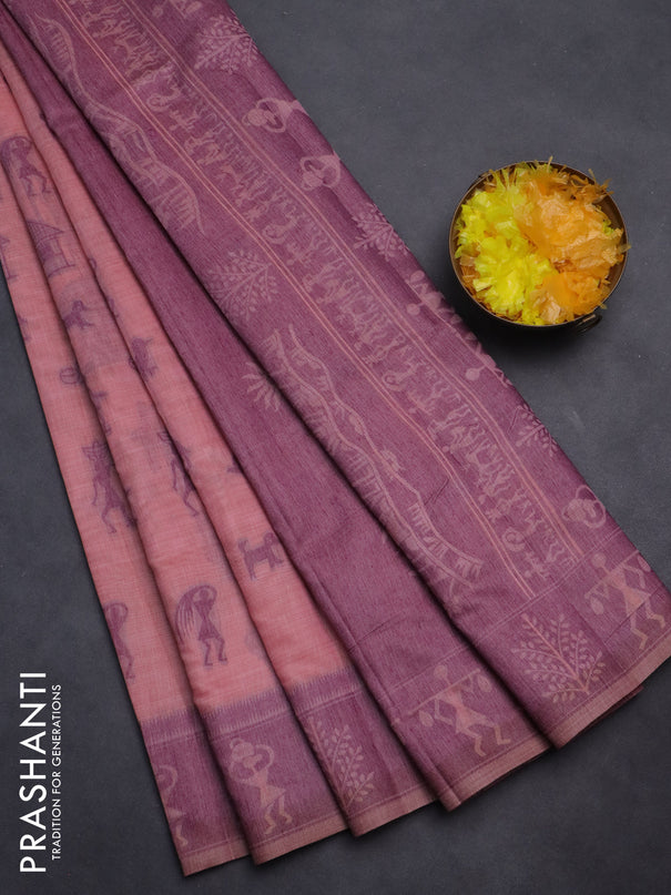 Semi jute silk saree peach pink and purple with warli thread woven buttas and warli design weaving pallu