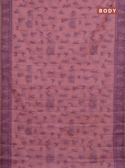 Semi jute silk saree peach pink and purple with warli thread woven buttas and warli design weaving pallu