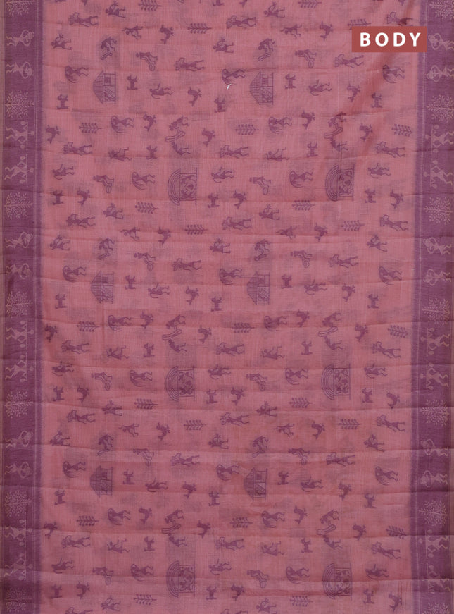 Semi jute silk saree peach pink and purple with warli thread woven buttas and warli design weaving pallu