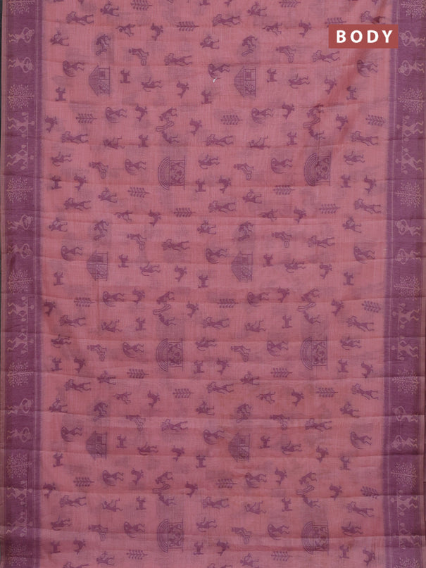 Semi jute silk saree peach pink and purple with warli thread woven buttas and warli design weaving pallu