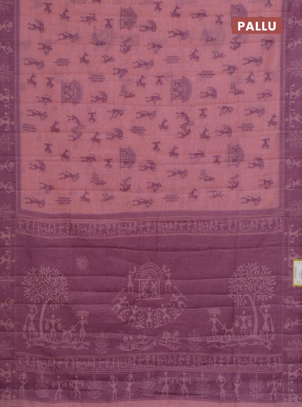 Semi jute silk saree peach pink and purple with warli thread woven buttas and warli design weaving pallu