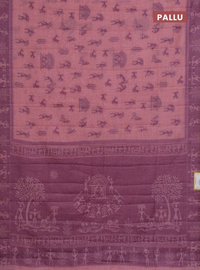 Semi jute silk saree peach pink and purple with warli thread woven buttas and warli design weaving pallu