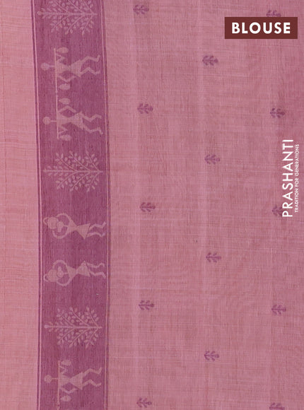 Semi jute silk saree peach pink and purple with warli thread woven buttas and warli design weaving pallu