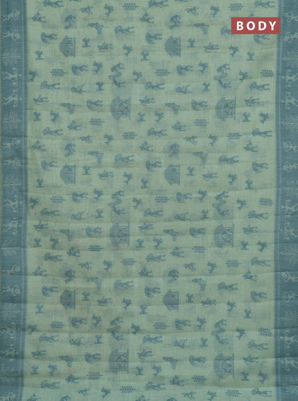 Semi jute silk saree pastel green and green with warli thread woven buttas and warli design weaving pallu