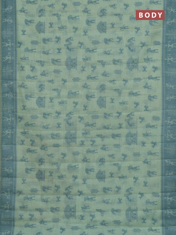 Semi jute silk saree pastel green and green with warli thread woven buttas and warli design weaving pallu