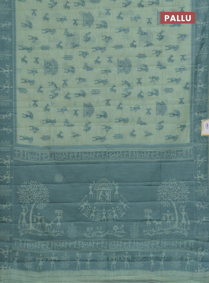 Semi jute silk saree pastel green and green with warli thread woven buttas and warli design weaving pallu