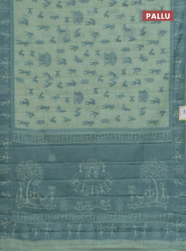 Semi jute silk saree pastel green and green with warli thread woven buttas and warli design weaving pallu