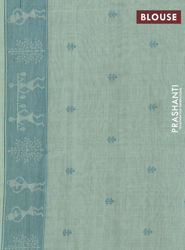Semi jute silk saree pastel green and green with warli thread woven buttas and warli design weaving pallu