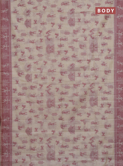 Semi jute silk saree cream and maroon with warli thread woven buttas and warli design weaving pallu
