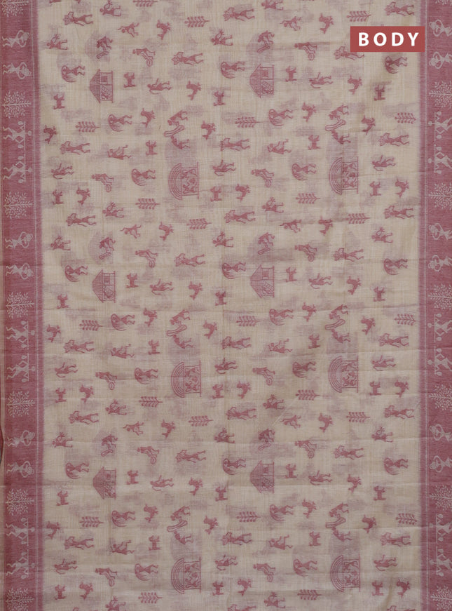 Semi jute silk saree cream and maroon with warli thread woven buttas and warli design weaving pallu