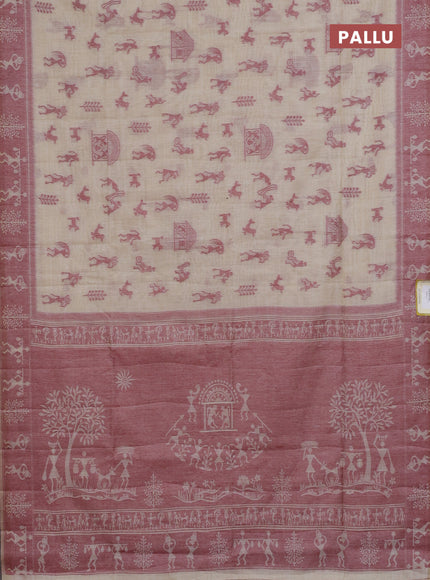 Semi jute silk saree cream and maroon with warli thread woven buttas and warli design weaving pallu