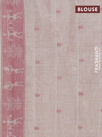 Semi jute silk saree cream and maroon with warli thread woven buttas and warli design weaving pallu