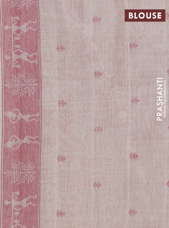 Semi jute silk saree cream and maroon with warli thread woven buttas and warli design weaving pallu