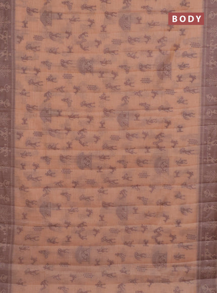 Semi jute silk saree pale orange and brown with warli thread woven buttas and warli design weaving pallu