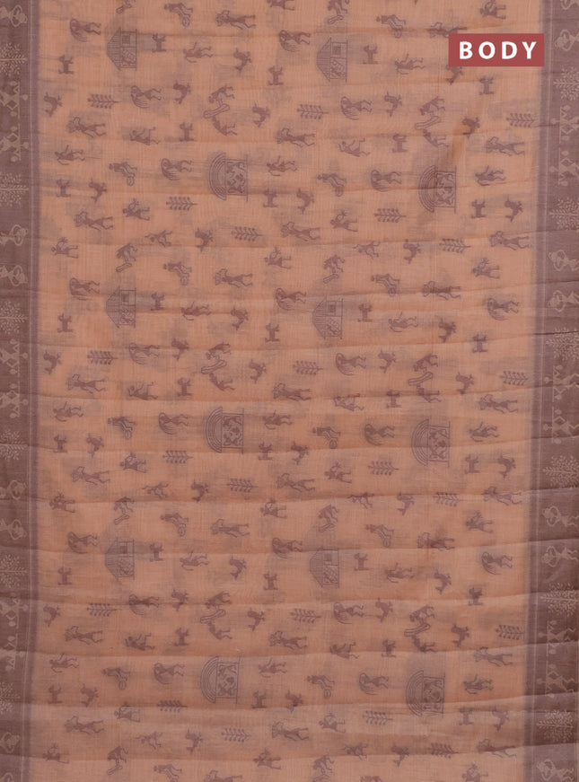 Semi jute silk saree pale orange and brown with warli thread woven buttas and warli design weaving pallu