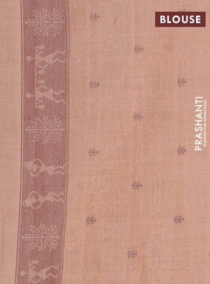 Semi jute silk saree pale orange and brown with warli thread woven buttas and warli design weaving pallu